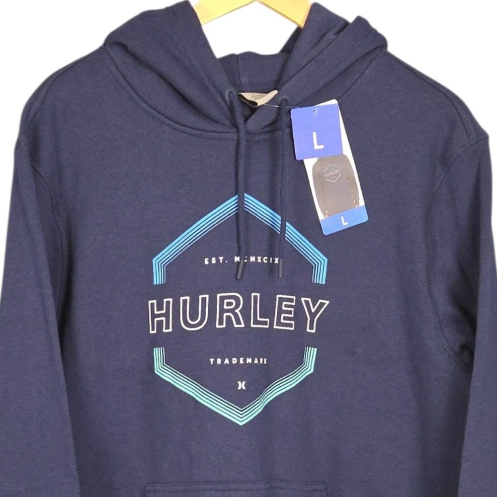 Hurley Fleece Hoodie Mens Large Blue Pullover Sweatshirt Pockets Logo Casual New